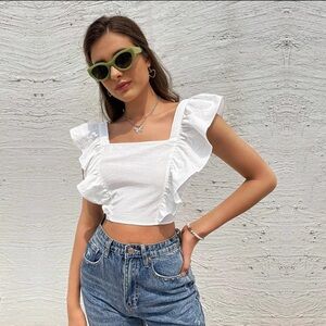 Nordstrom White Ruffle Square-Neck Crop Top